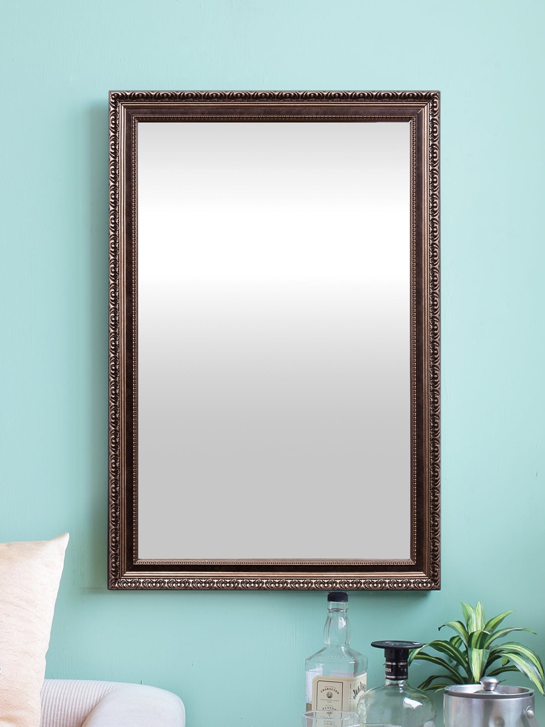 999Store Silver-Toned & Brown Fibre Wall Mirror Price in India
