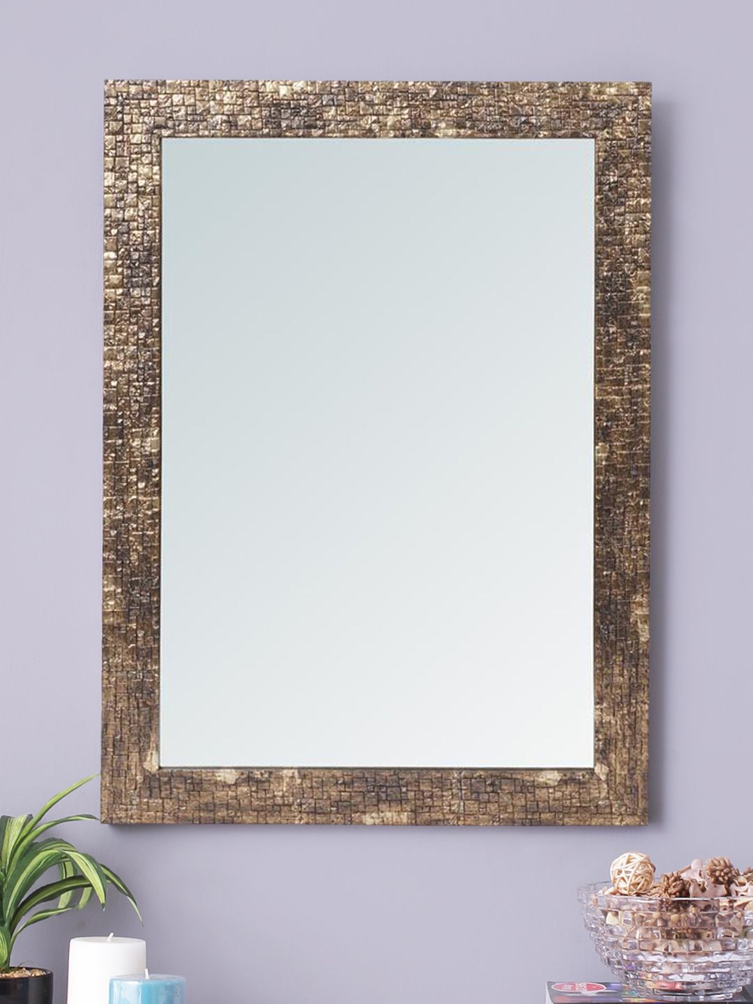 999Store Gold-Toned & Brown Fibre Wall Mirror Price in India
