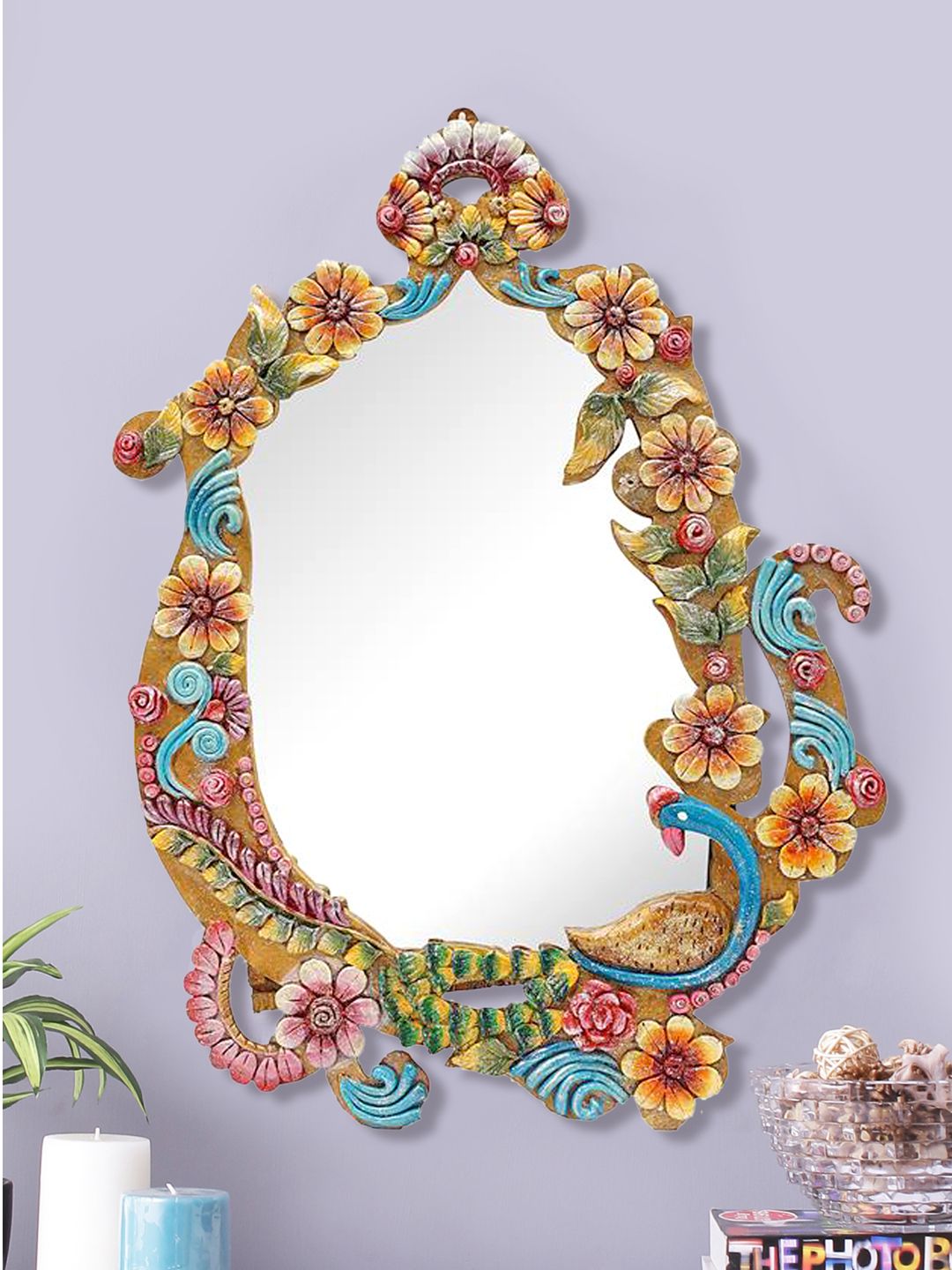 999Store Multicoloured Handcrafted Wooden Wall Mirror Price in India
