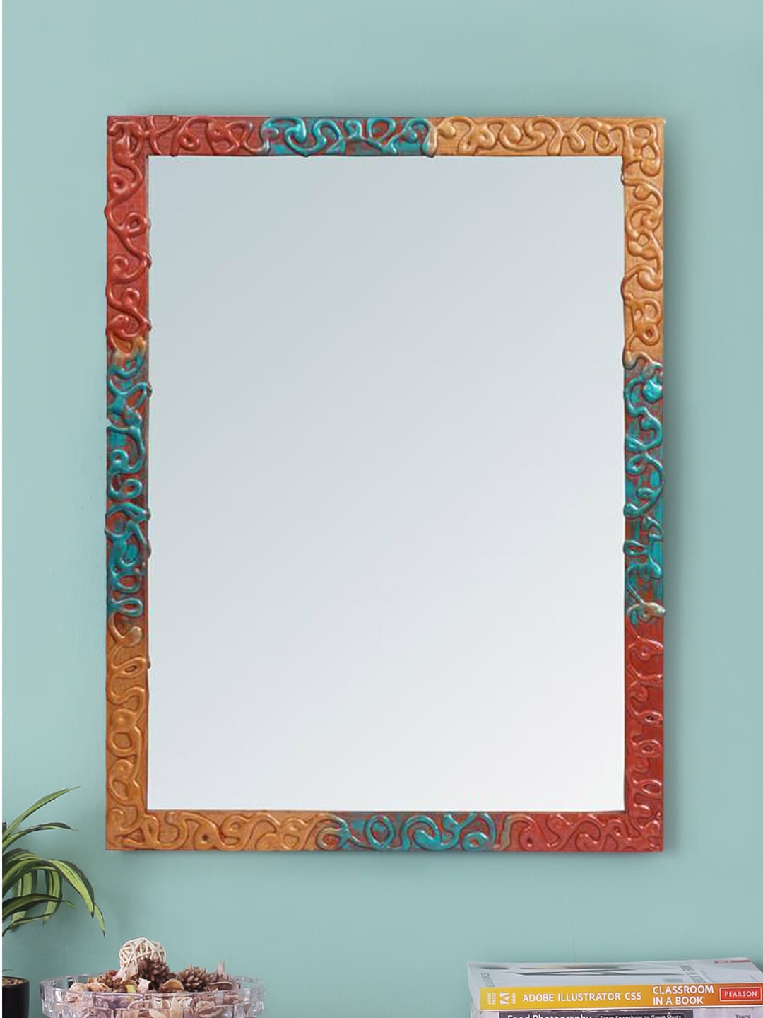 999Store Red & Blue Handcrafted Wooden Wall Mirror Price in India