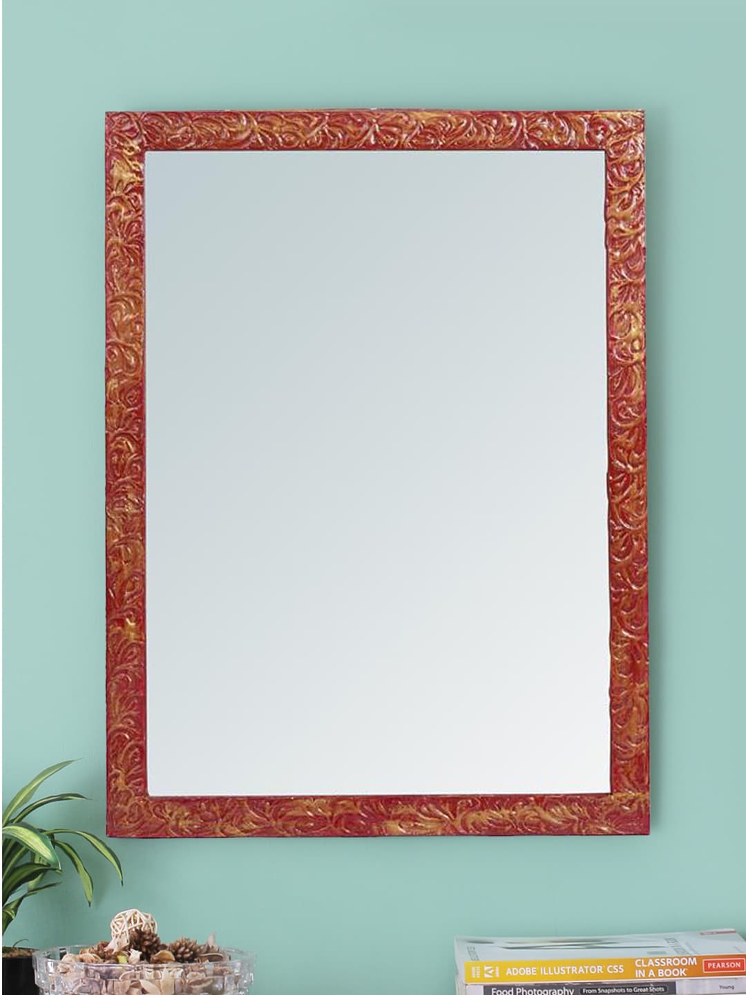 999Store Red & Beige Handcrafted Wooden Wall Mirror Price in India