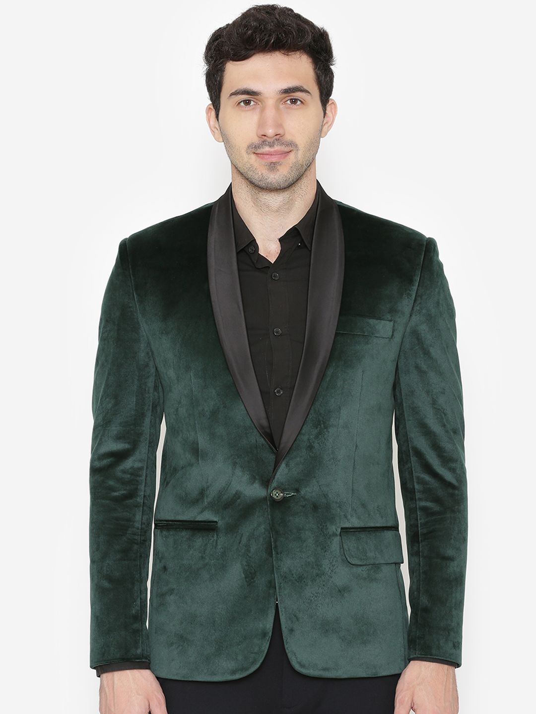 WINTAGE Men Green Solid Single-Breasted Velvet Blazer