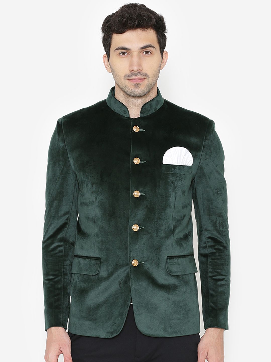 WINTAGE Men's Green Solid Single-Breasted Velvet Blazer