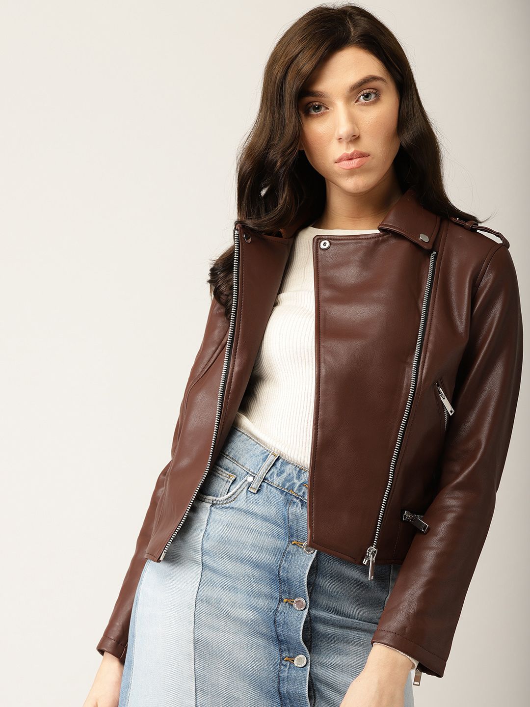 Mango Women Brown Solid Biker Jacket