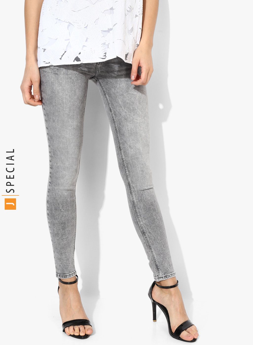 MANGO Grey Washed Mid-Rise Skinny Fit Jeans