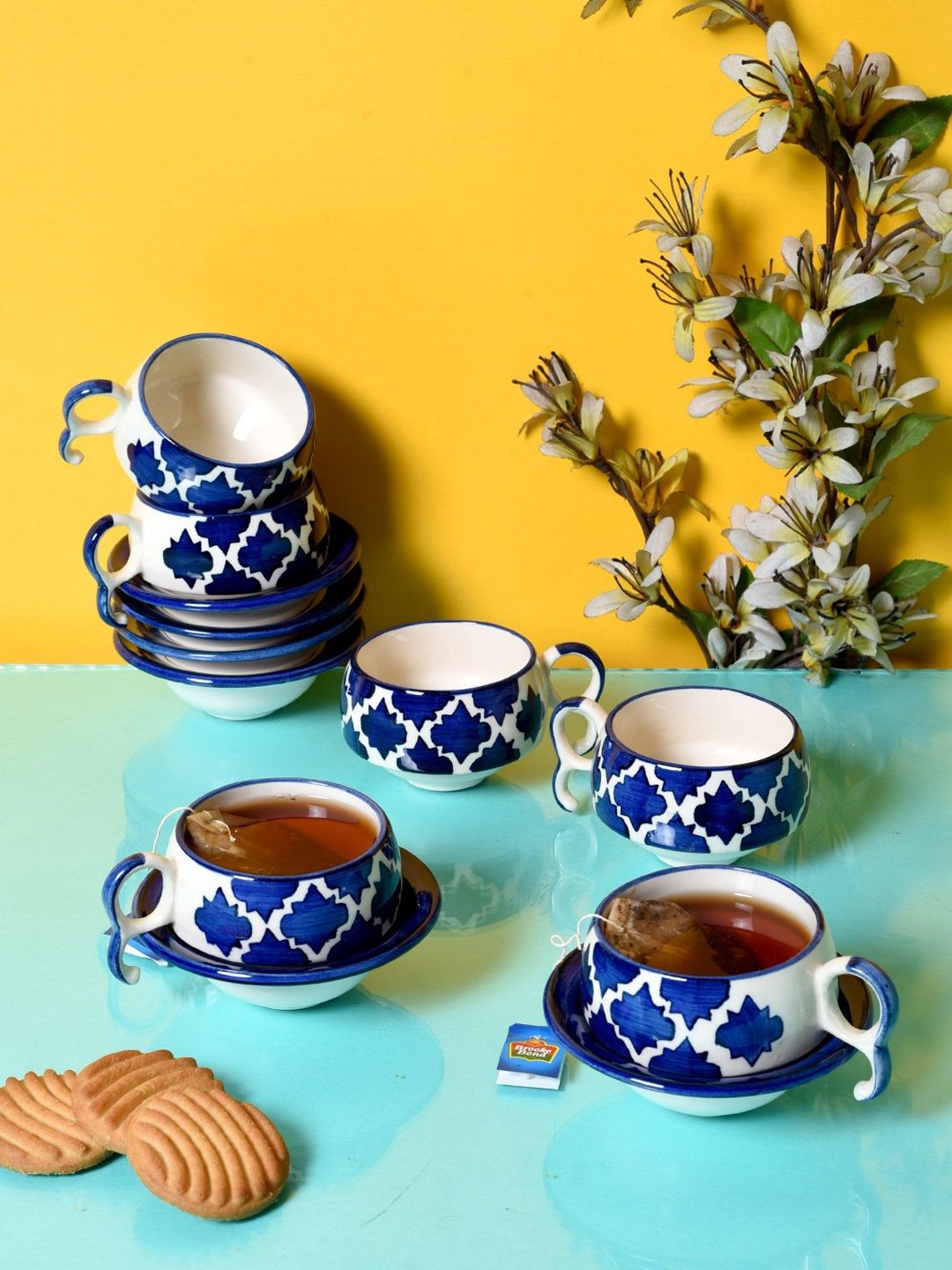 Unravel India Off-White & Blue Set of 6 Printed Ceramic Cups and Saucers Set Price in India