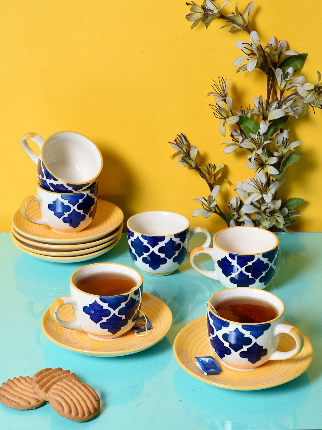 Unravel India Multicoloured Set of 6 Printed Cups and Saucers Set Price in India