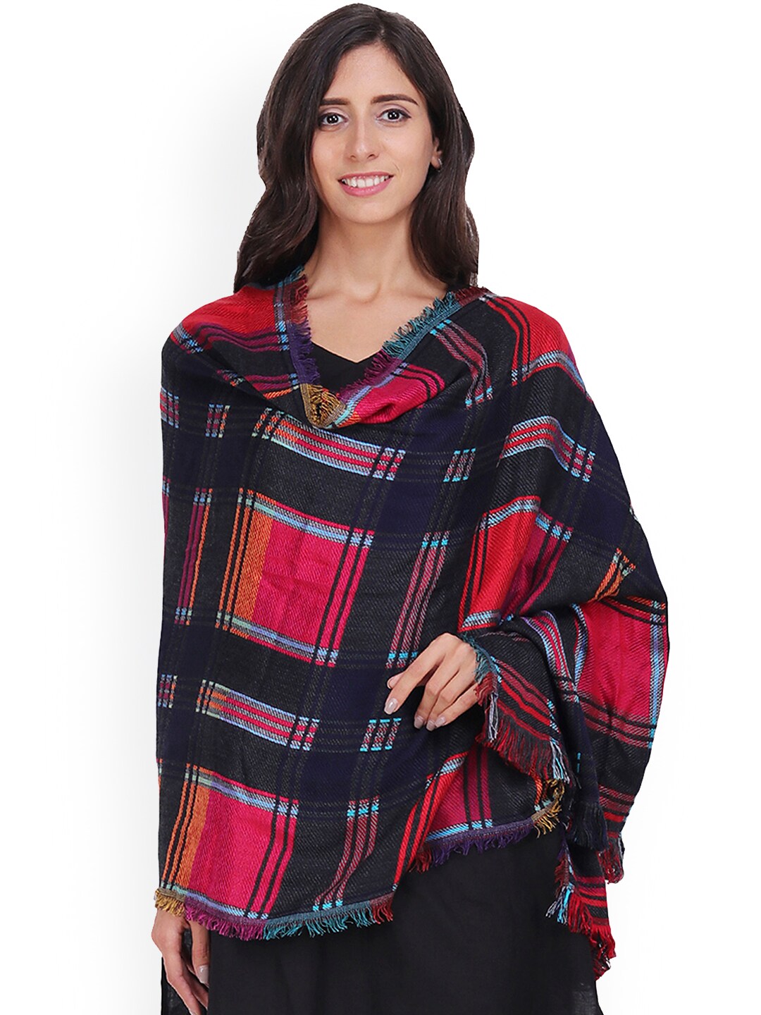 Anekaant Women Black & Red Checked Woven Design Shawl Price in India