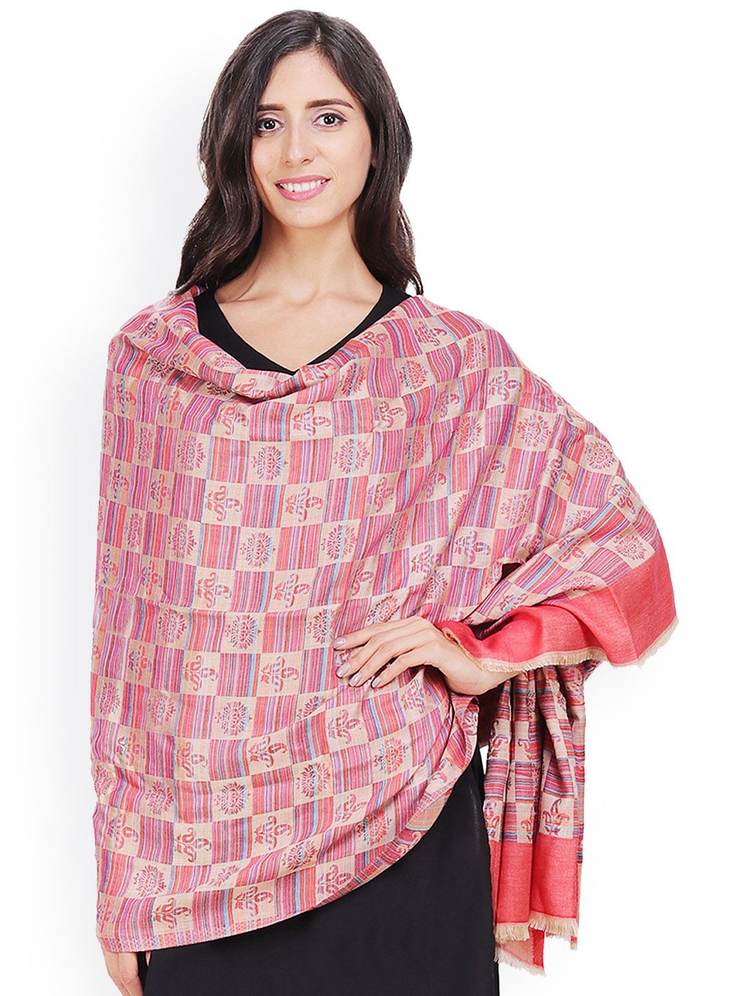Anekaant Women Rust Red & Beige Checked Woven Design Shawl Price in India