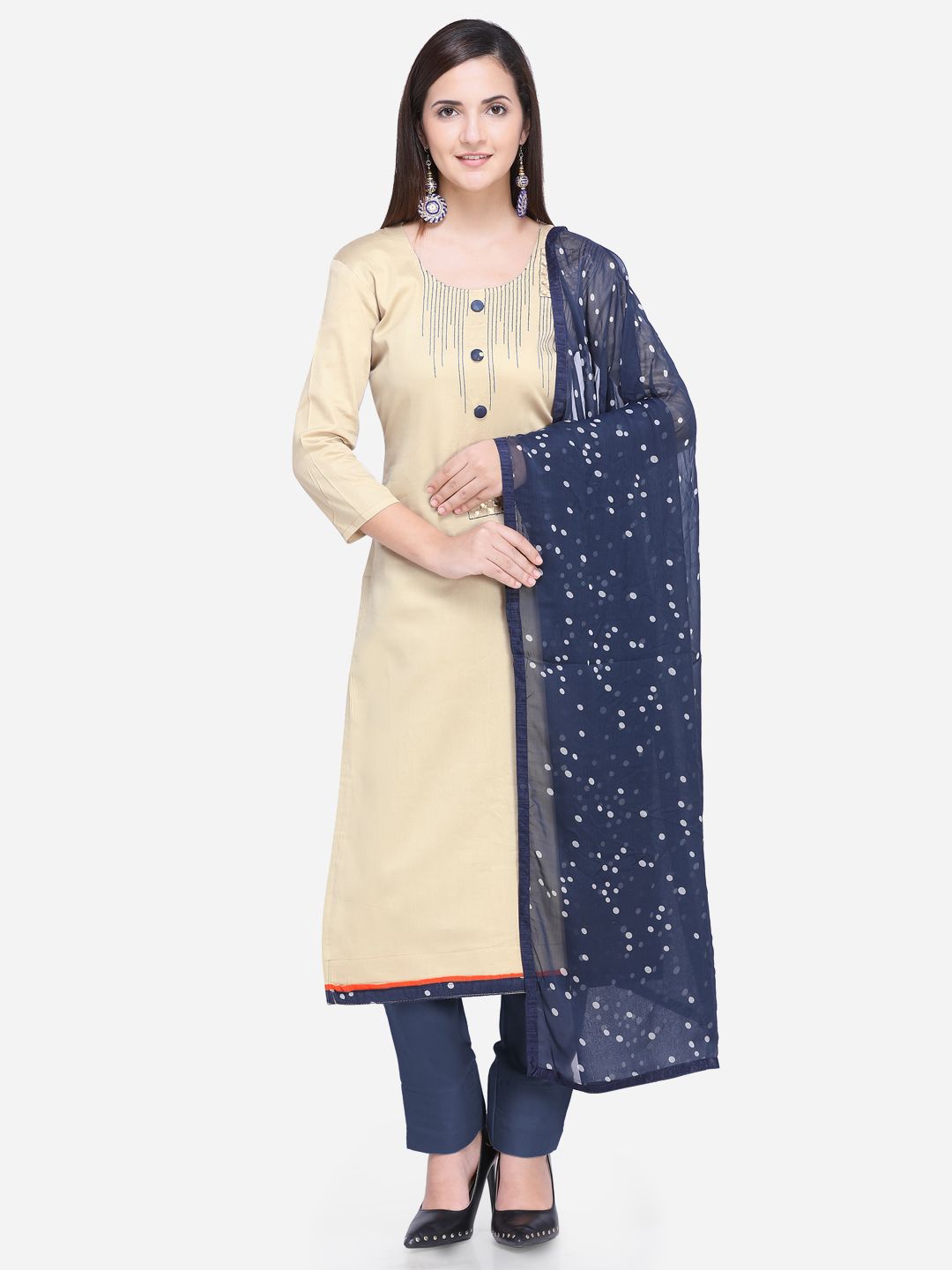 Saree mall Beige & Navy Blue Cotton Blend Semi-Stitched Dress Material Price in India