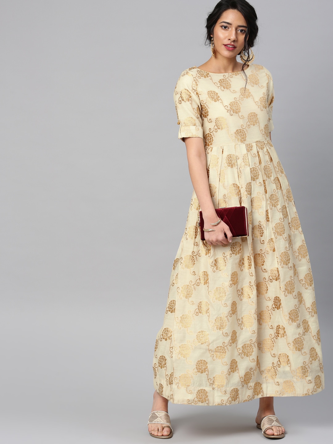 Vishudh Women Cream-Coloured Printed Maxi Dress Price in India