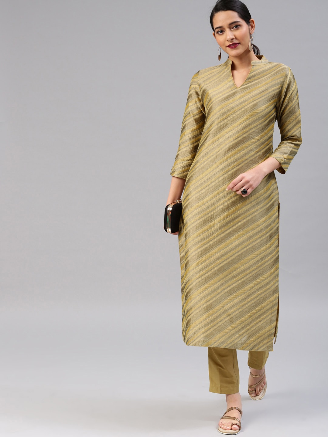 Vishudh Women Beige & Gold-Toned Self Design Kurta with Trousers Price in India