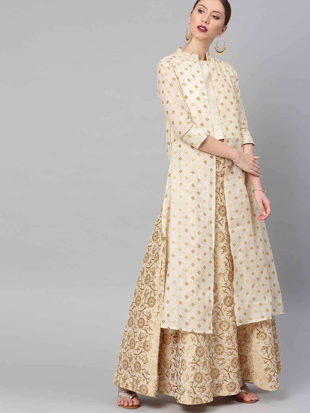 Vishudh Cream-Coloured Ready to Wear Lehenga with Blouse and Ethnic Jacket Price in India