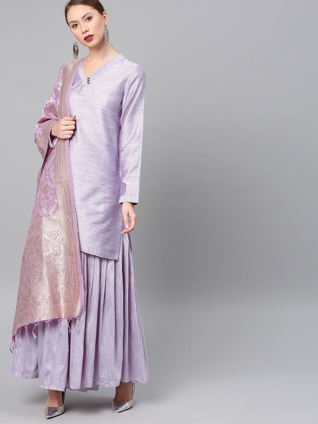 Vishudh Women Mauve Regular Kurta with Sharara & With Dupatta Price in India