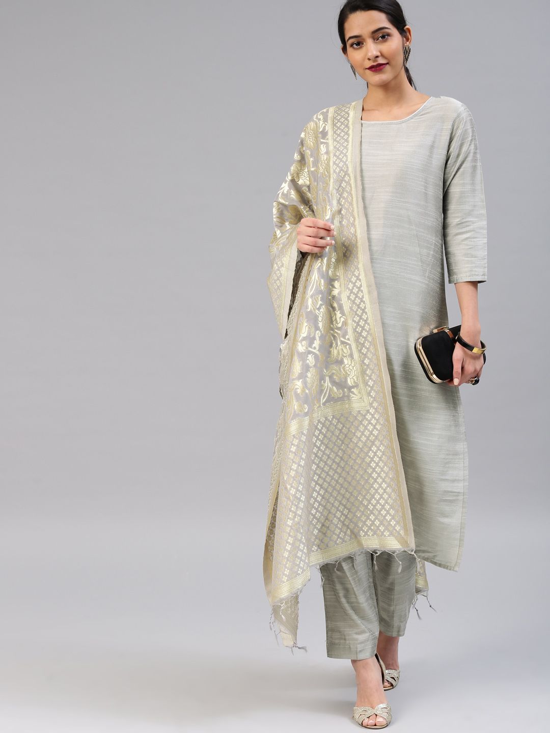 Vishudh Women Silver-Toned & Solid Kurta with Trousers & Dupatta Price in India