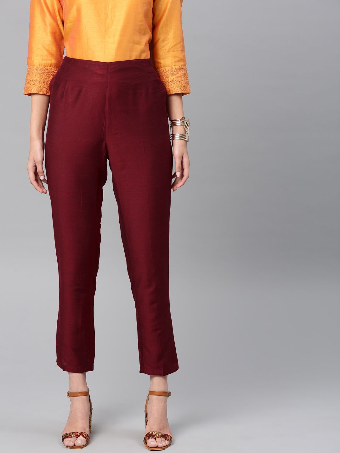 Vishudh Women Maroon Regular Fit Solid Cropped Parallel Trousers Price in India