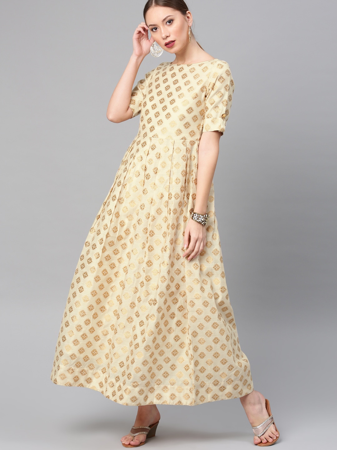 Vishudh Women Off-White Self-Design Maxi Dress Price in India