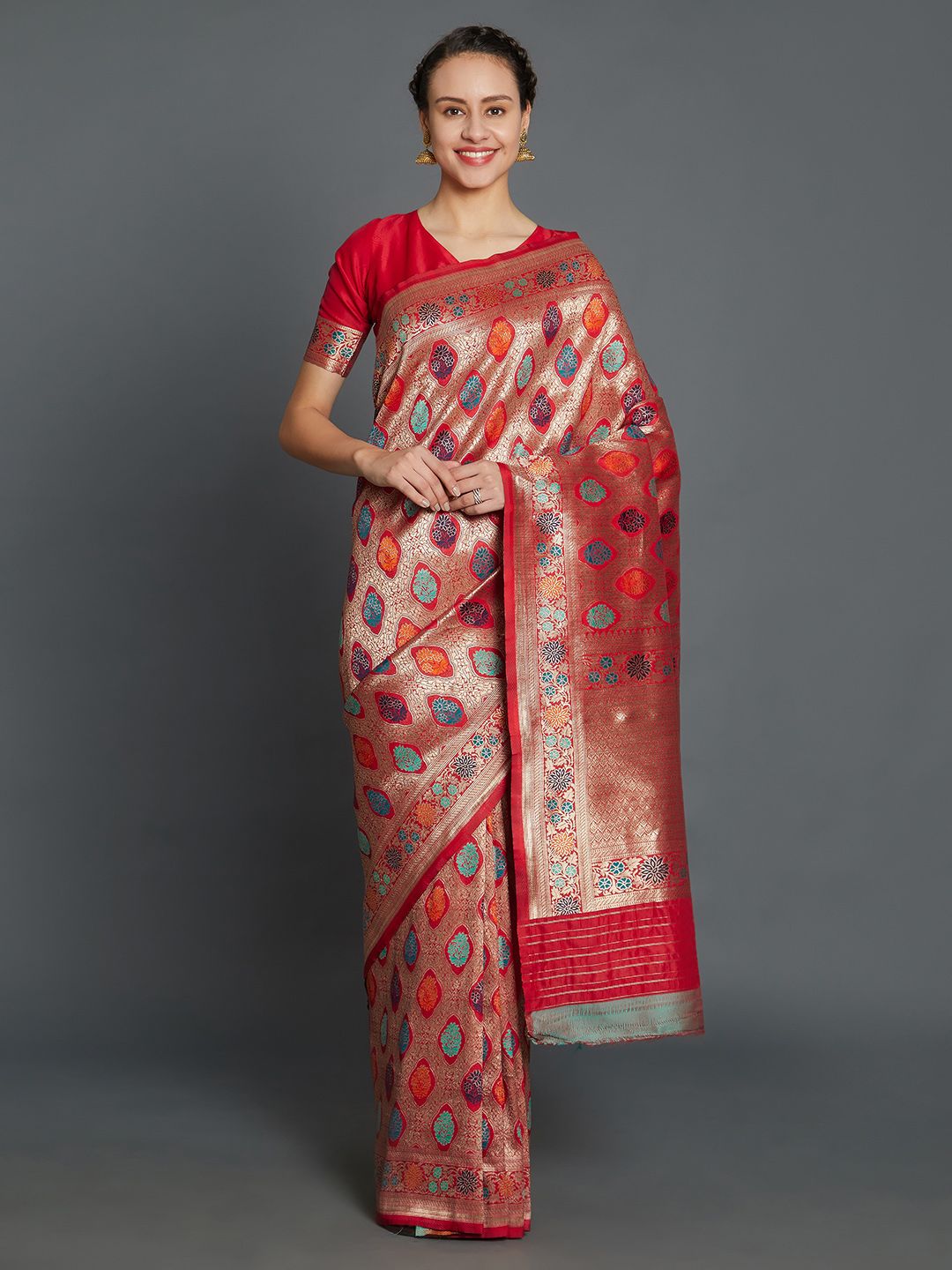 Mitera Red Silk Blend Woven Design Kanjeevaram Saree Price in India