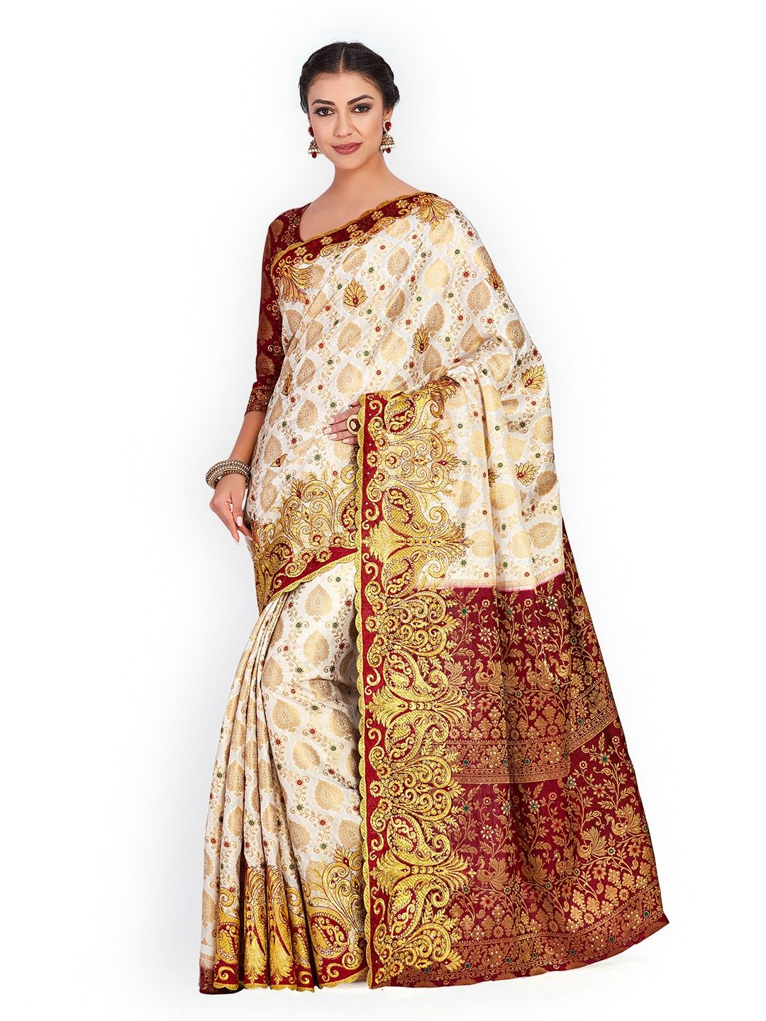 MIMOSA Off-White Art Silk Embroidered Kanjeevaram Saree Price in India