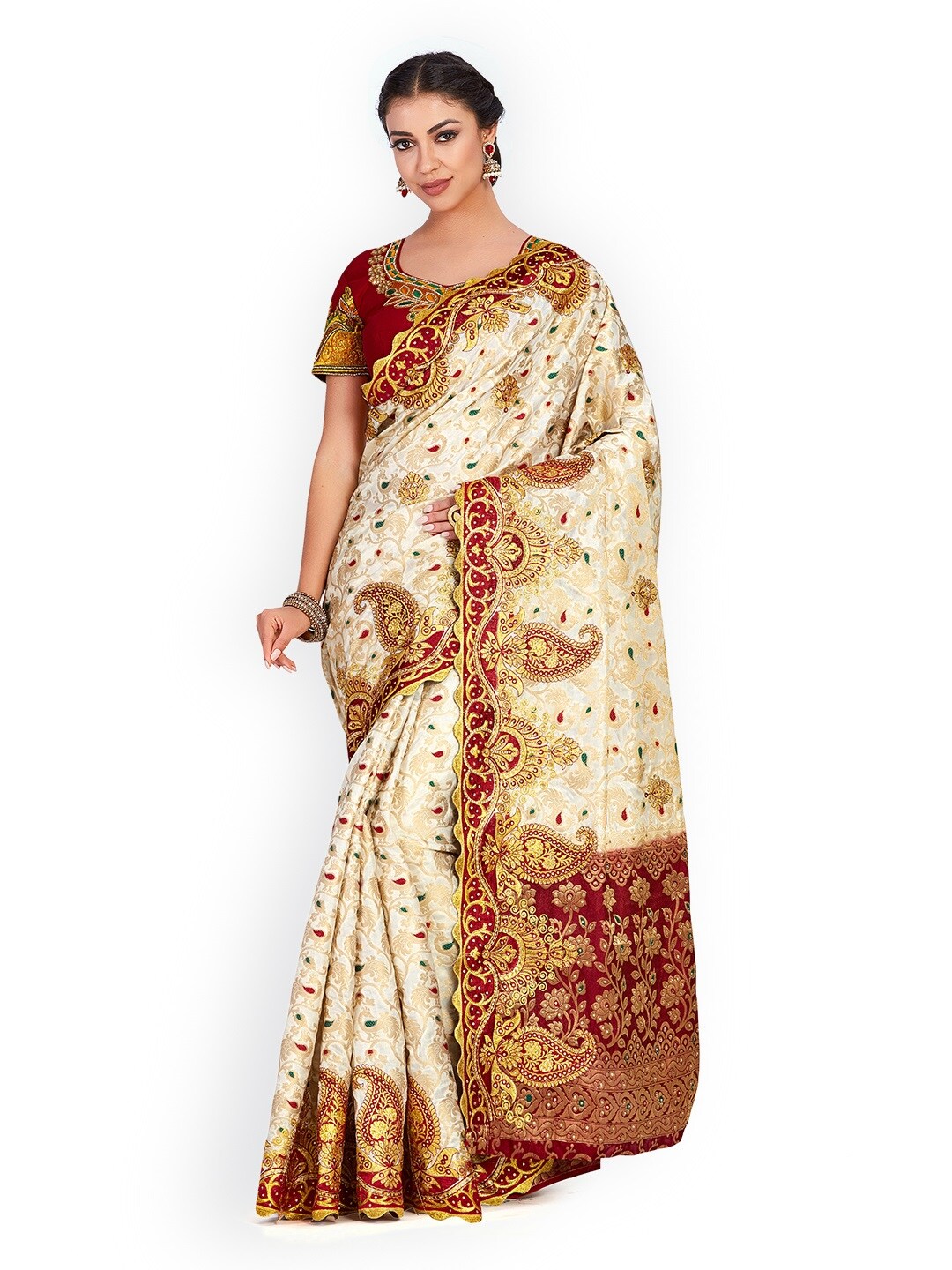 MIMOSA Off-White Art Silk Woven Design Kanjeevaram Saree Price in India