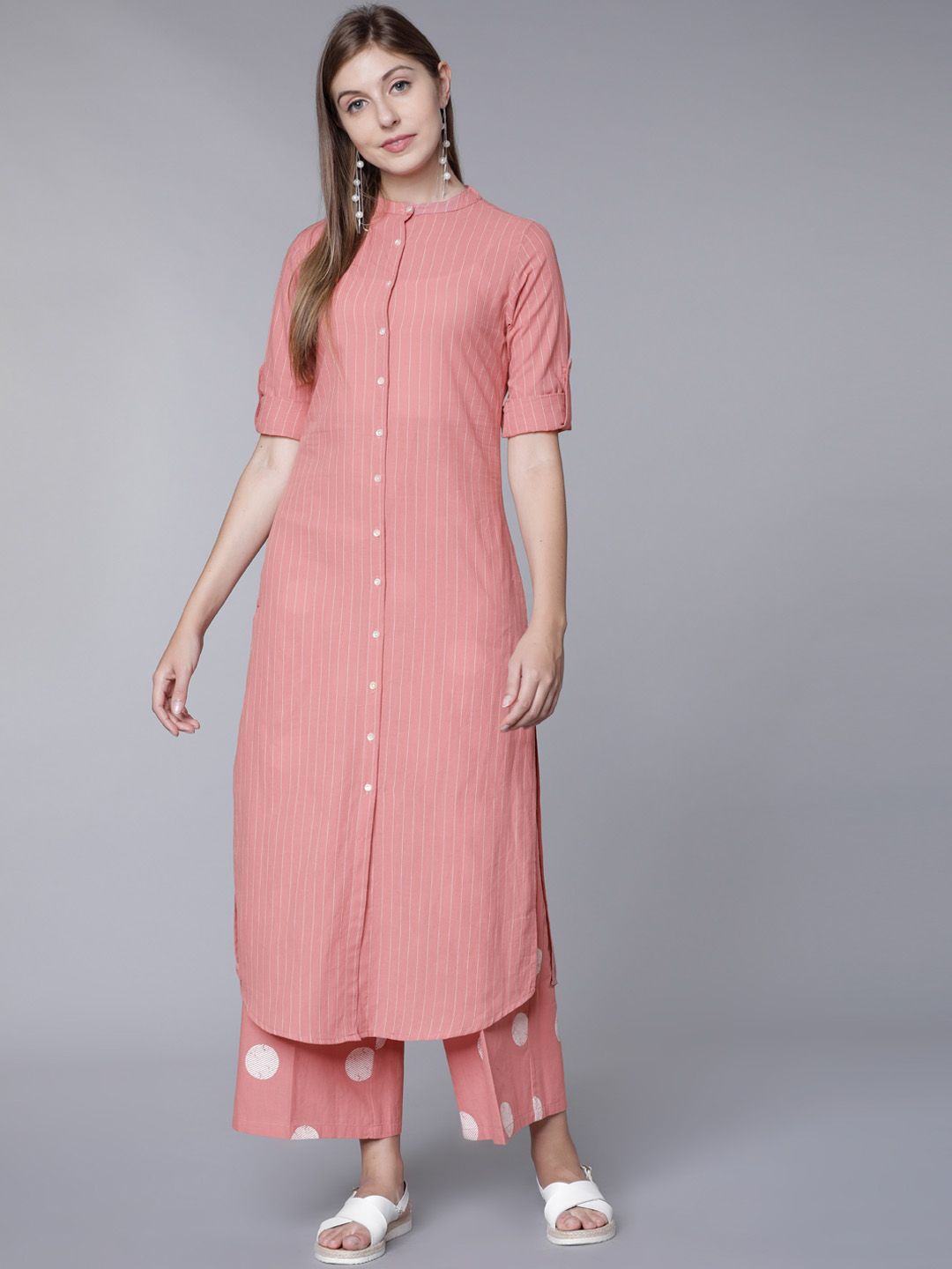 Vishudh Women Pink Striped Kurta with Palazzos Price in India