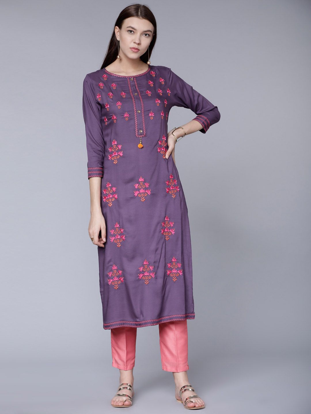 Vishudh Women Purple & Pink Embroidered Straight Kurta Price in India