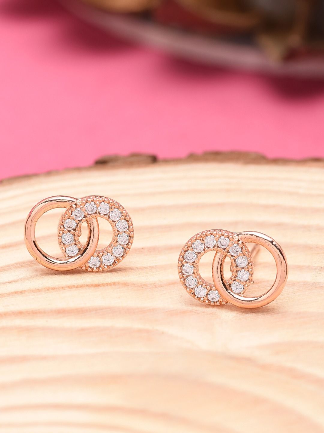 DHRUVI Rose Gold-Plated CA-Studded Circular Studs Price in India