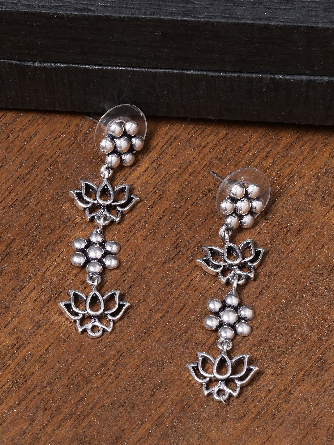 Voylla Silver-Plated Floral Drop Oxidised Earrings Price in India
