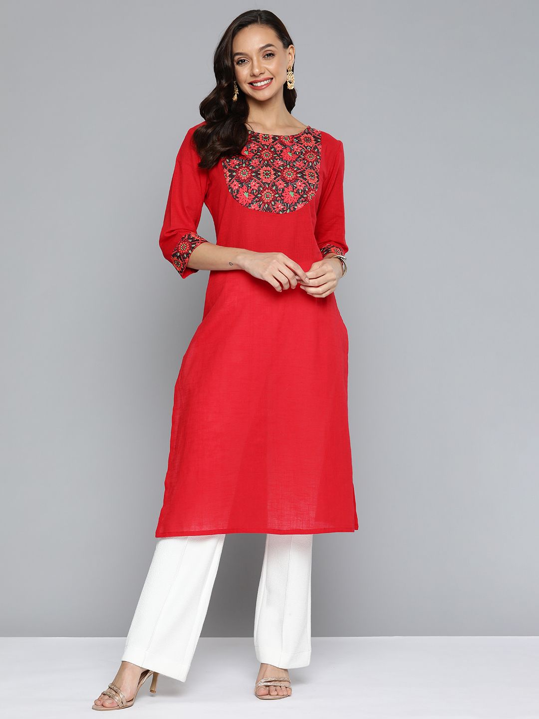 HERE&NOW Women Red & Black Yoke Design Pure Cotton Kurta Price in India