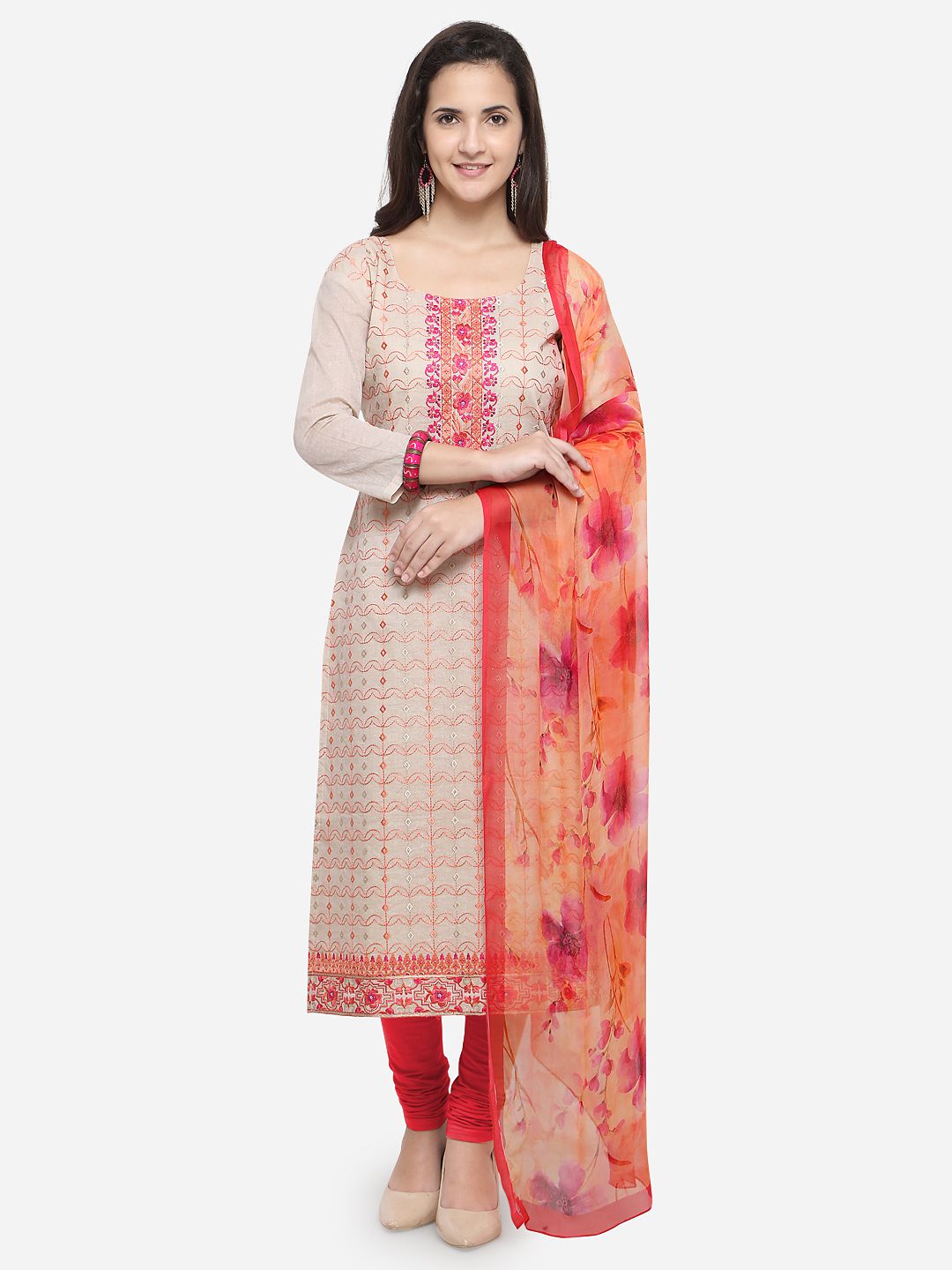 Rajnandini Beige & Red Modal Unstitched Dress Material Price in India