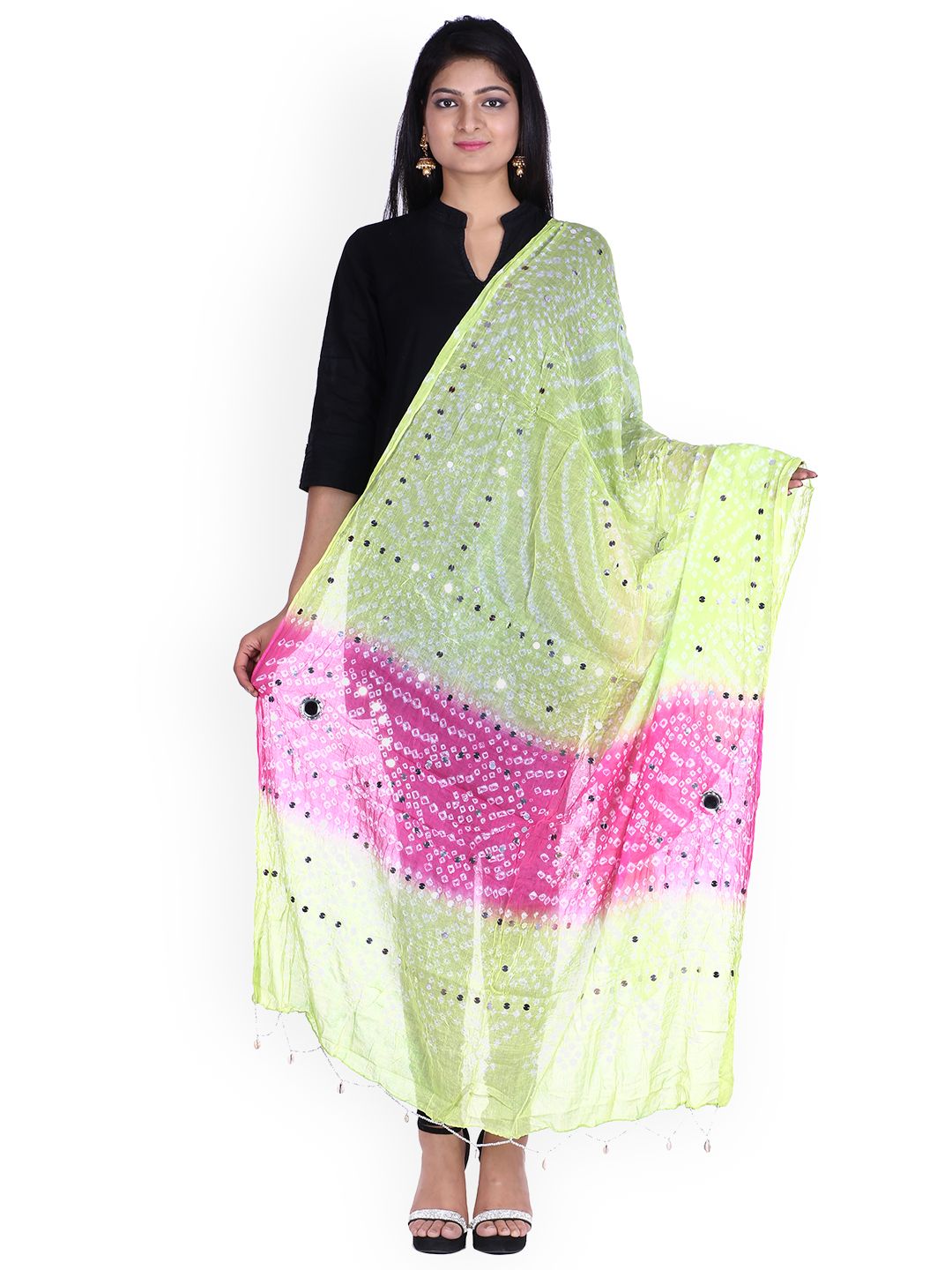 SOUNDARYA Lime Green & Pink Dyed Pure Cotton Dupatta Price in India
