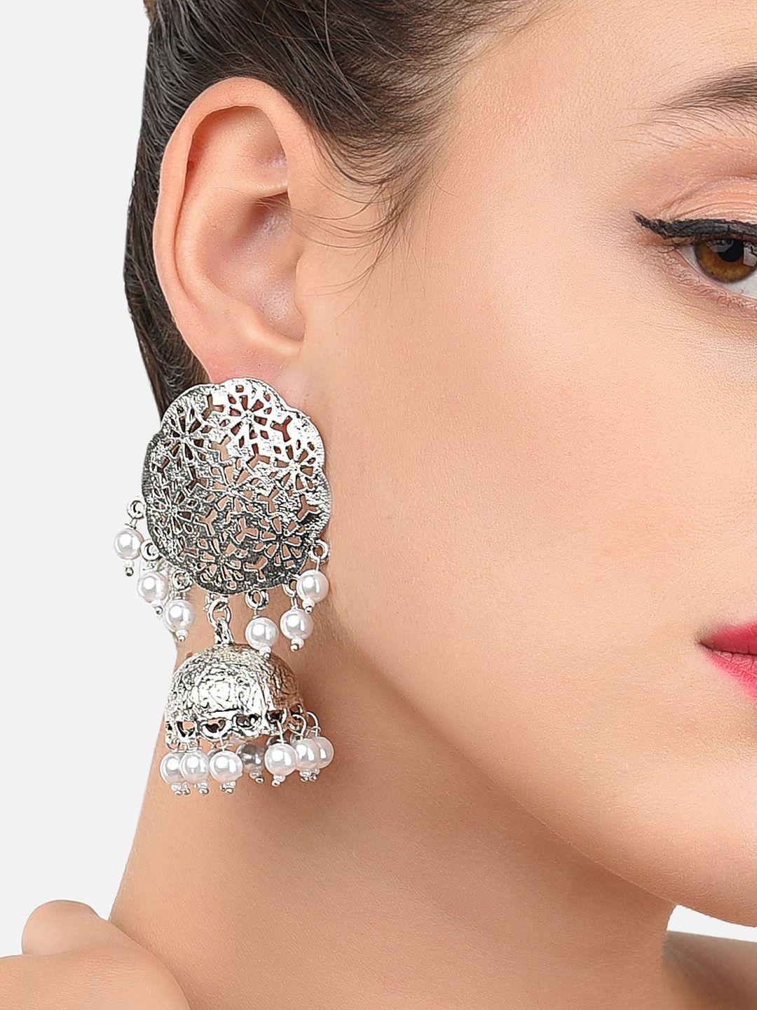 Zaveri Pearls Silver-Toned Oxidized Dome Shaped Jhumkas Price in India