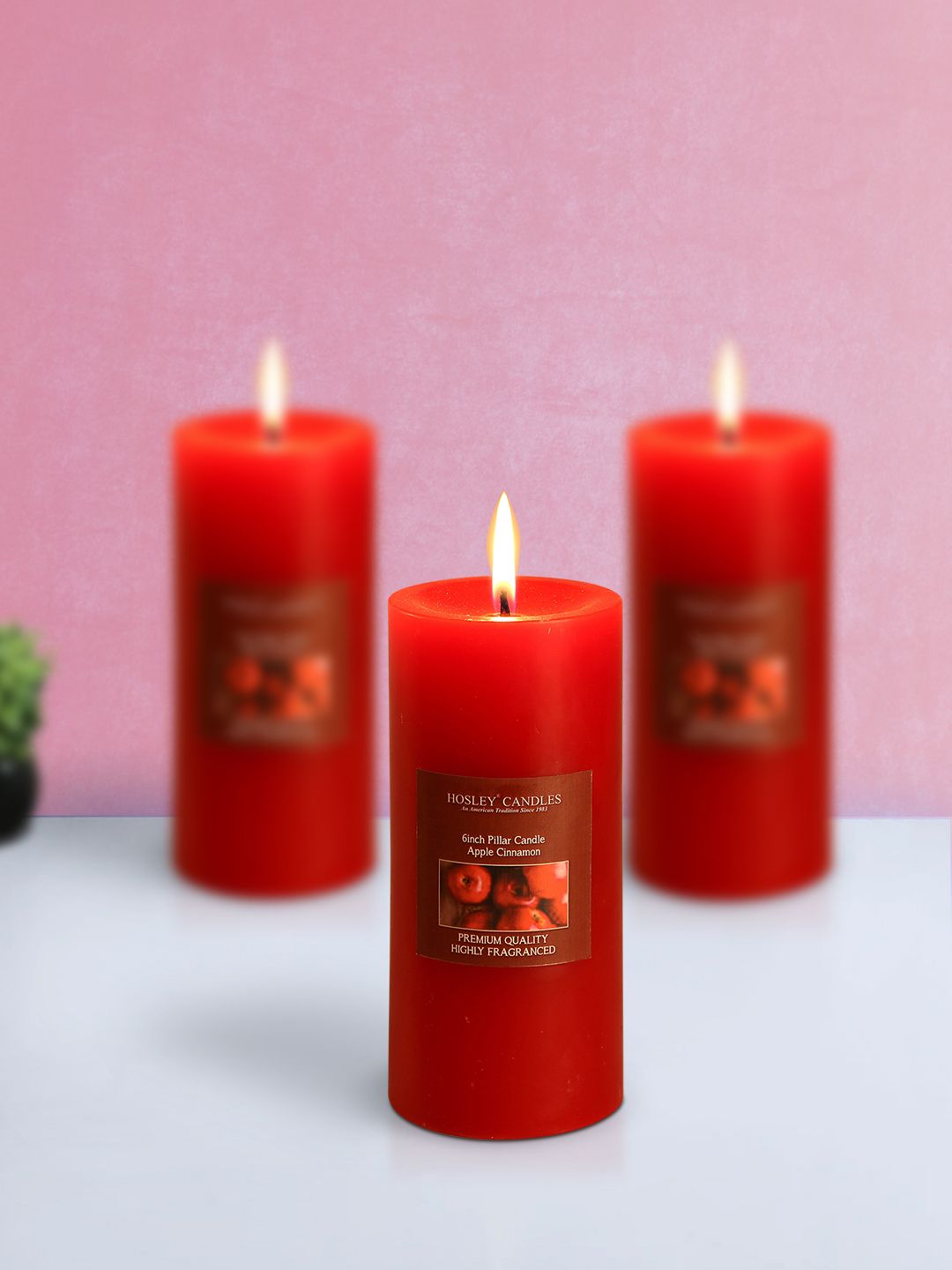 HOSLEY Red Set of 3 Apple Cinnamon Aromatic Pillar Candles Price in India