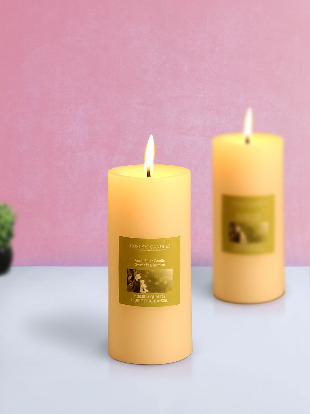HOSLEY Yellow Set of 2 Sweeet Pea Jasmine Aromatic Pillar Candles Price in India
