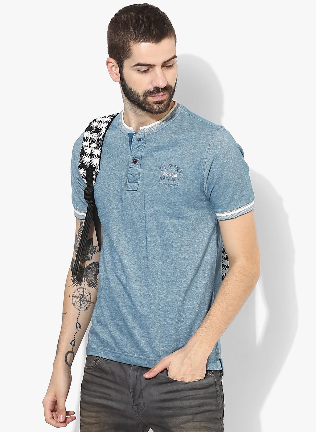 Flying Machine Blue Solid Regular Fit Polo T-Shirt