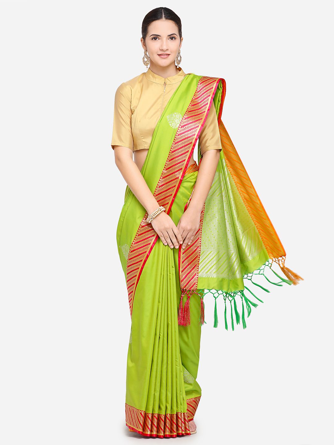 Varkala Silk Sarees Green & Red Silk Blend Woven Design Banarasi Saree Price in India