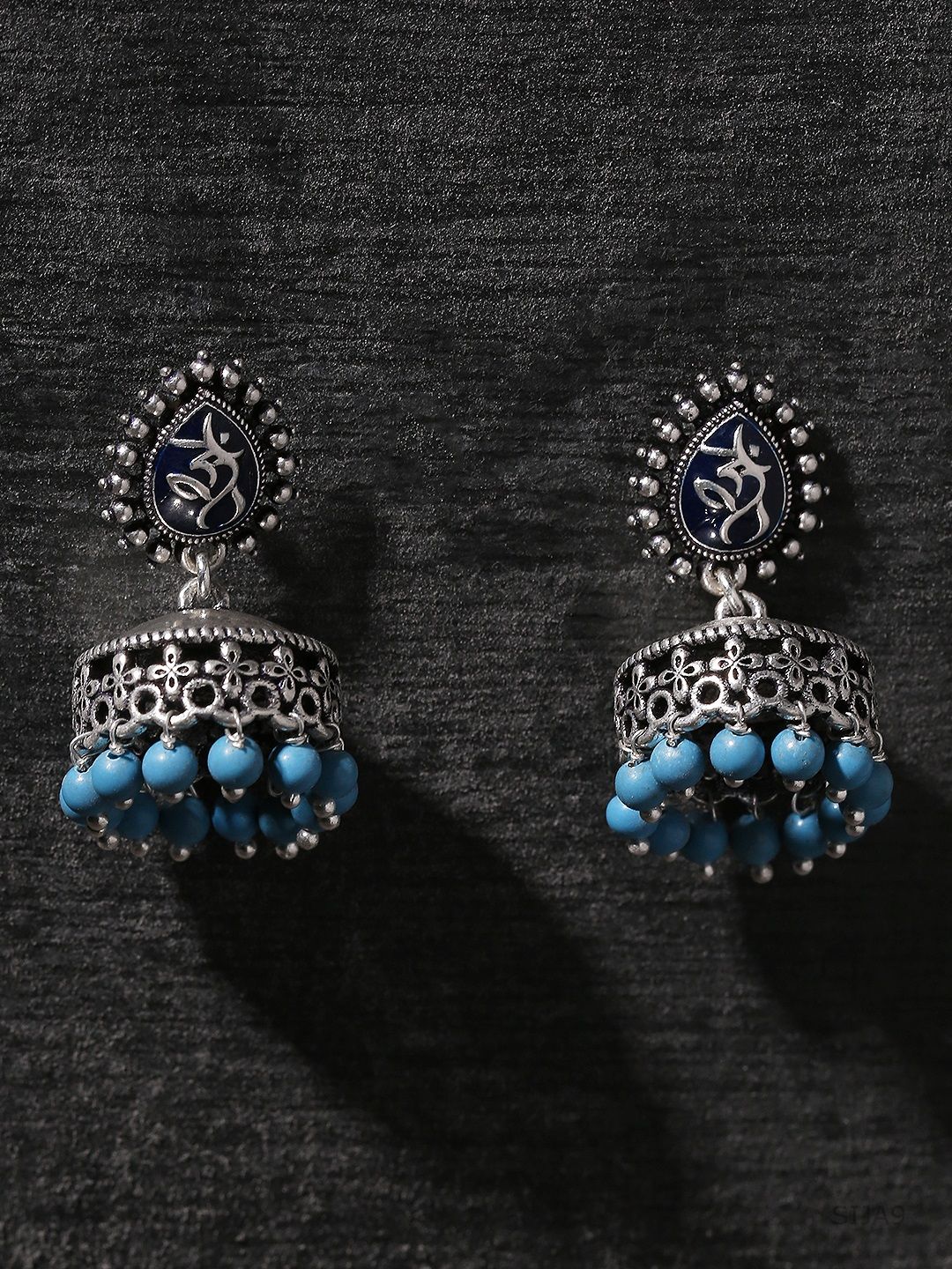 Studio Voylla Oxidised Silver-Plated Blue Dome Shaped Jhumkas Price in India