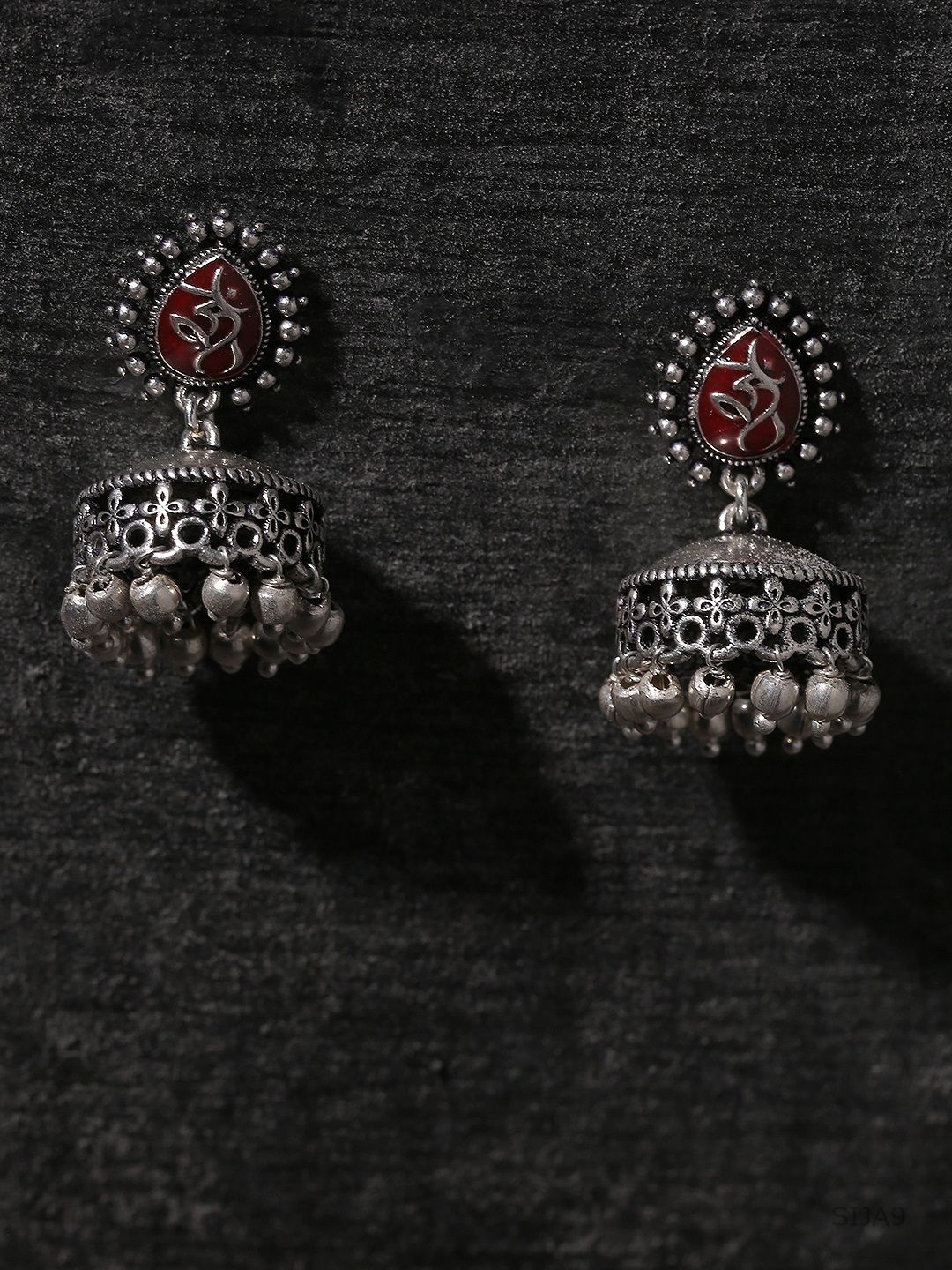 Studio Voylla Silver-Toned Maroon Dome Shaped Jhumkas Price in India