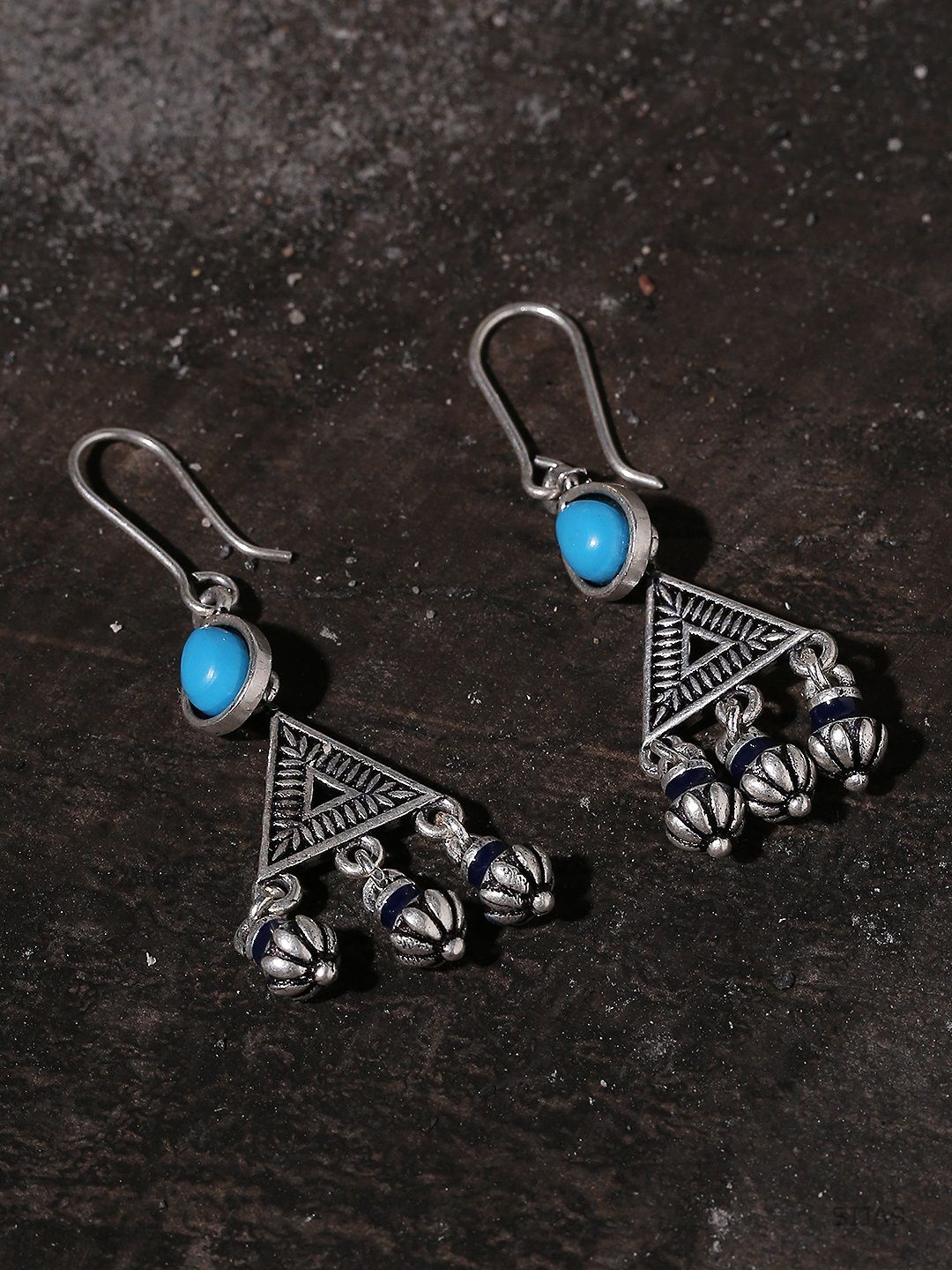 Studio Voylla Silver-Toned & Blue Triangular Oxidised Drop Earrings Price in India