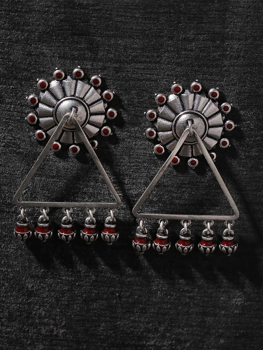 Studio Voylla Silver-Toned & Maroon Triangular Drop Earrings Price in India