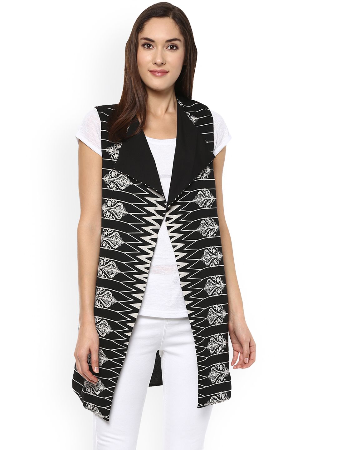 Fusion Beats Black & White Printed Open Front Shrug Price in India