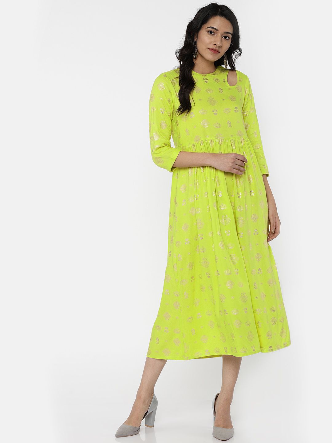 Buy Colour Me by Melange Women Lime Green Printed Fit and Flare Dress -  Dresses for Women 7633463 | Myntra
