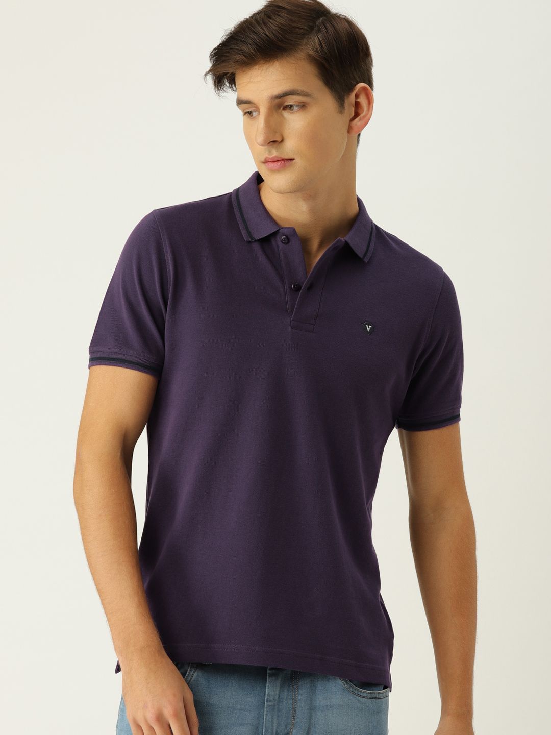 Van Heusen Sport Men Purple Solid Polo Collar Pure Cotton T-shirt