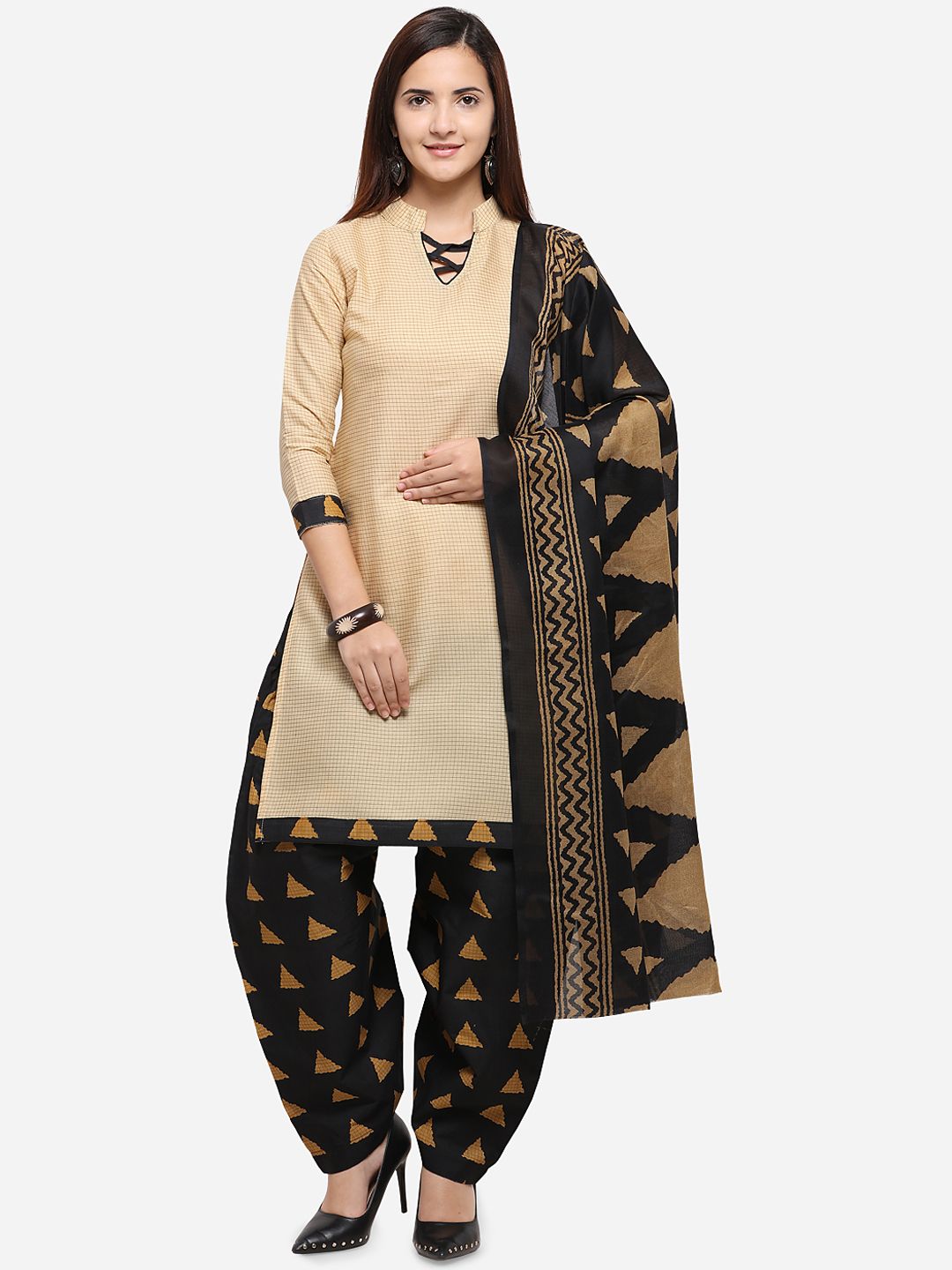 Rajnandini Beige & Black Cotton Blend Unstitched Dress Material Price in India