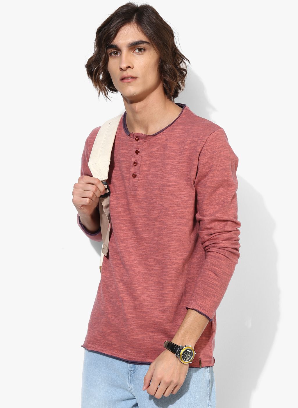 Indigo Nation Pink Self Design Slim Fit Henley T-Shirt