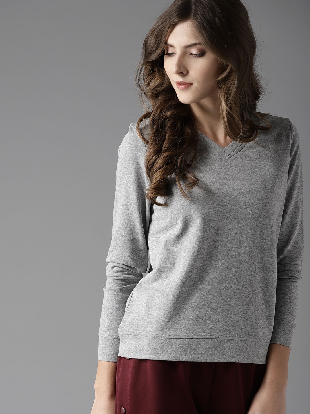 HERE&NOW Women Grey Melange Solid Sweatshirt Price in India