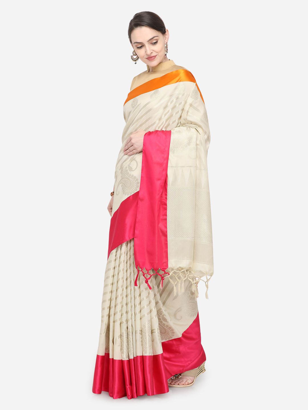 Varkala Silk Sarees Beige Woven Design Leheriya Saree Price in India