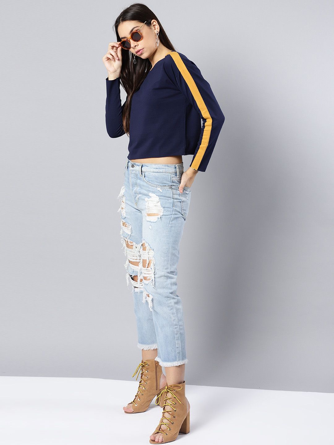 Harpa Women Navy Blue Solid Crop Sweatshirt Price in India