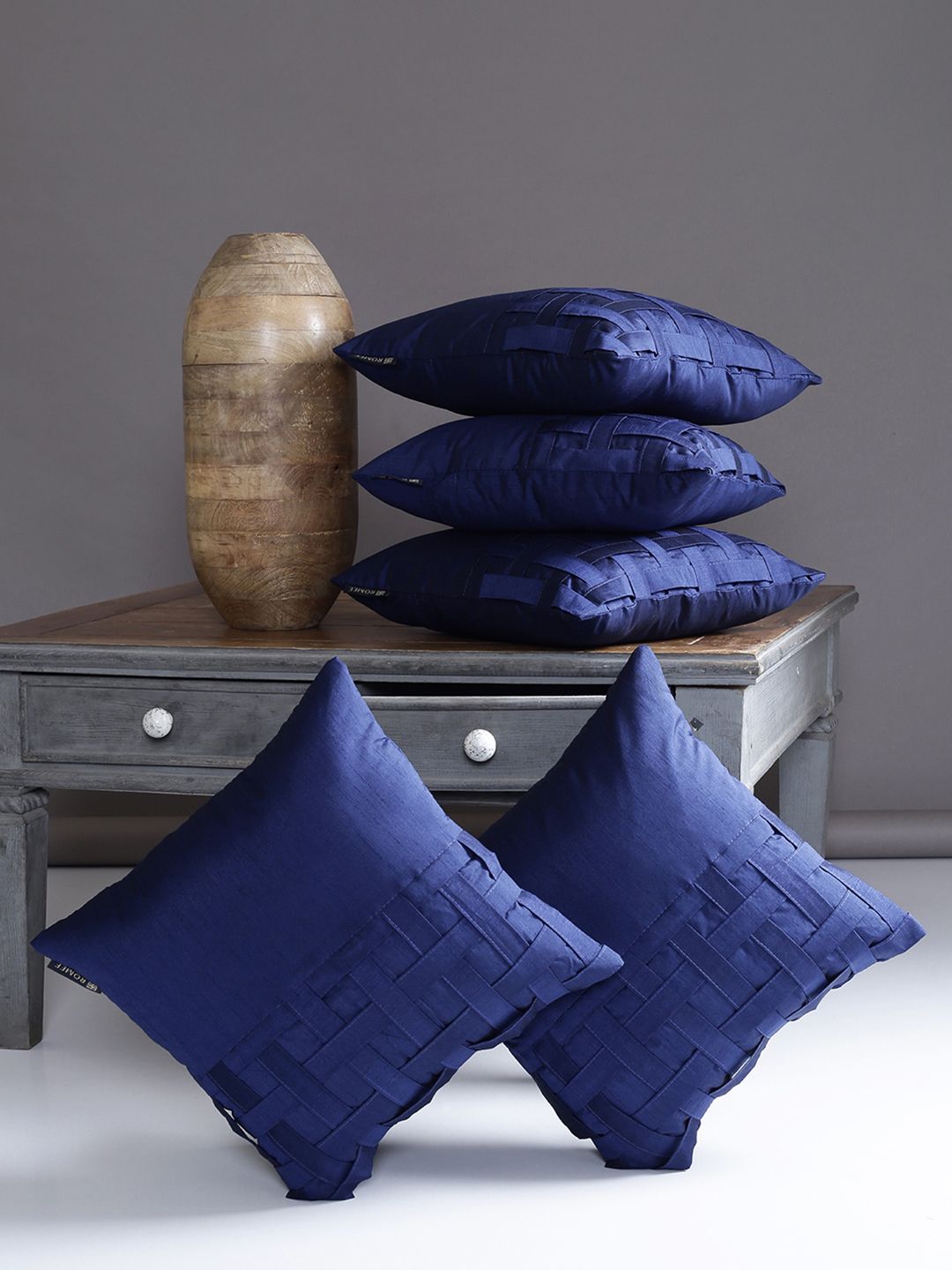 ROMEE Navy Blue Set of 5 Solid Square Cushion Covers Price in India