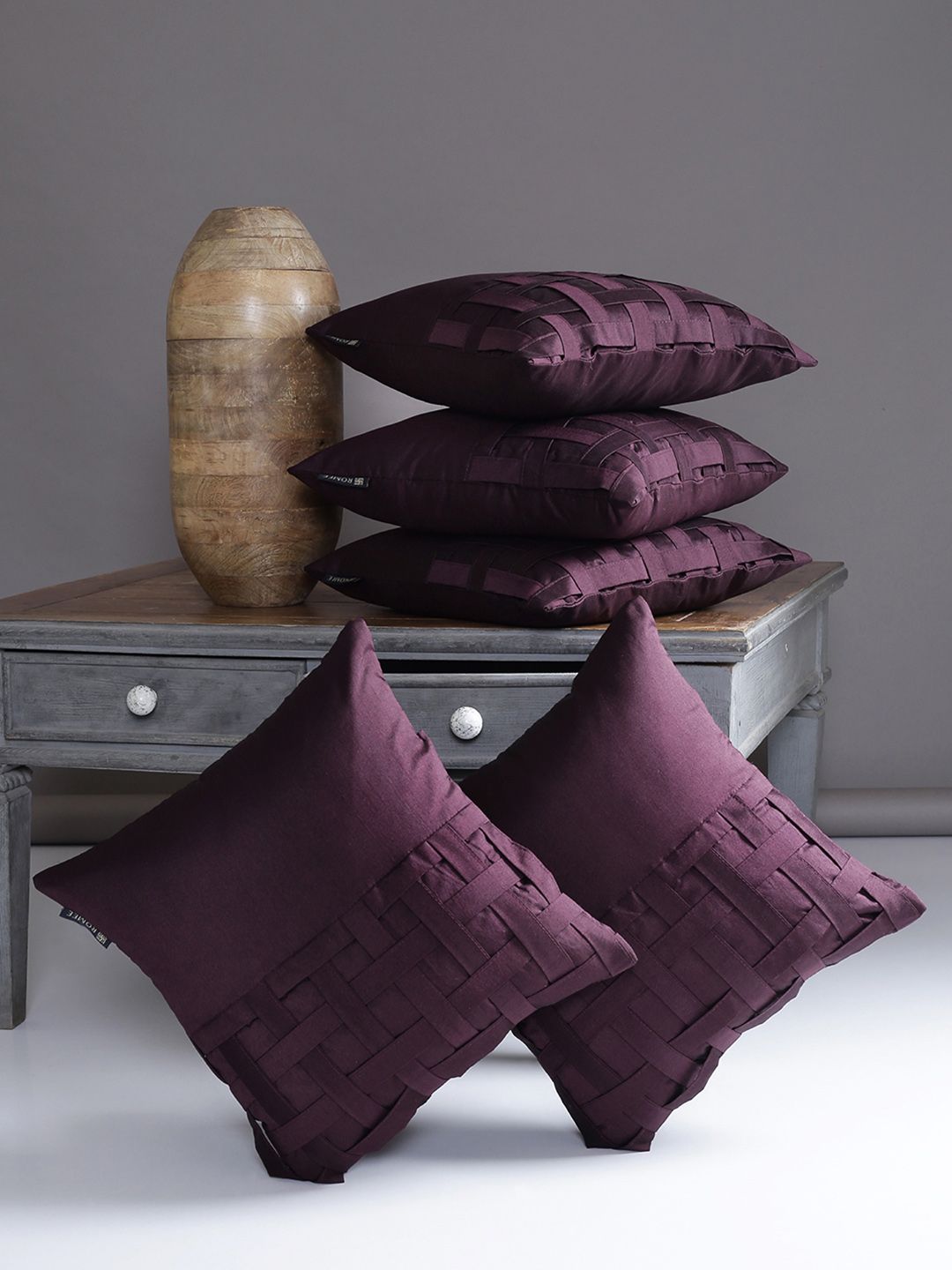 ROMEE Purple Set of 5 Solid Square Cushion Covers Price in India